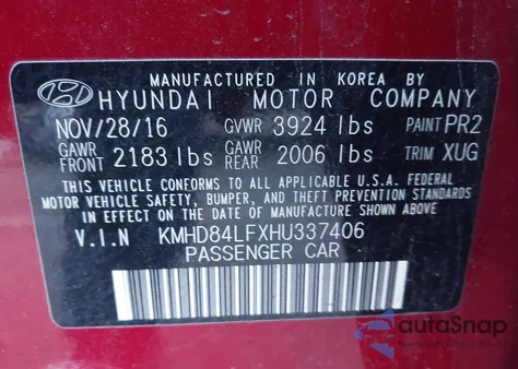 2017 Hyundai Elantra Value Edition z USA, uszkodzony, nr VIN KMHD84LFXHU337406